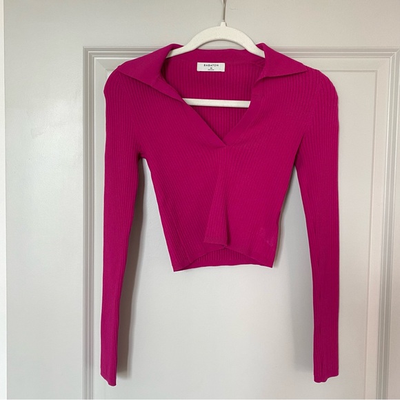 Aritzia Babaton Sculpt Knit Pink Polo Long Sleeve Top - Picture 4 of 7
